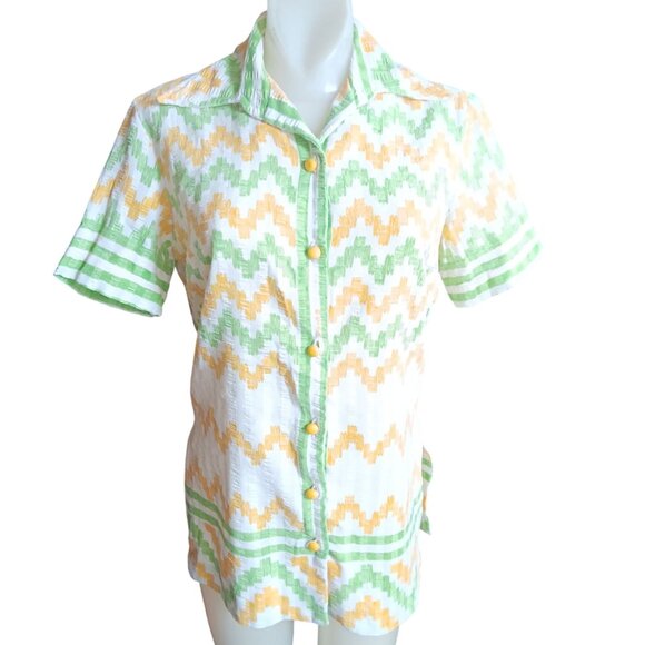 Medium Vintage 1960's Blouse Button-Up Shirt Chevron Print Bernardo Mod Mommy - Picture 2 of 7
